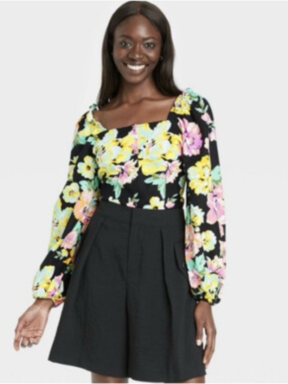 Who What Wear Black Floral Square-Neck Puff-Sleeve Top